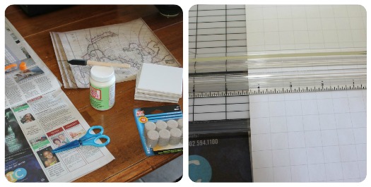 craft prep, making coasters from tiles, using tiles and scrap paper for coasters