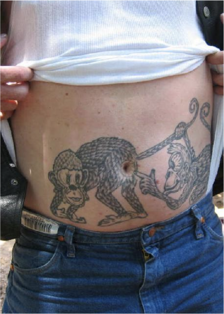 monkey tattoo, butthole tattoo, belly button tattoo
