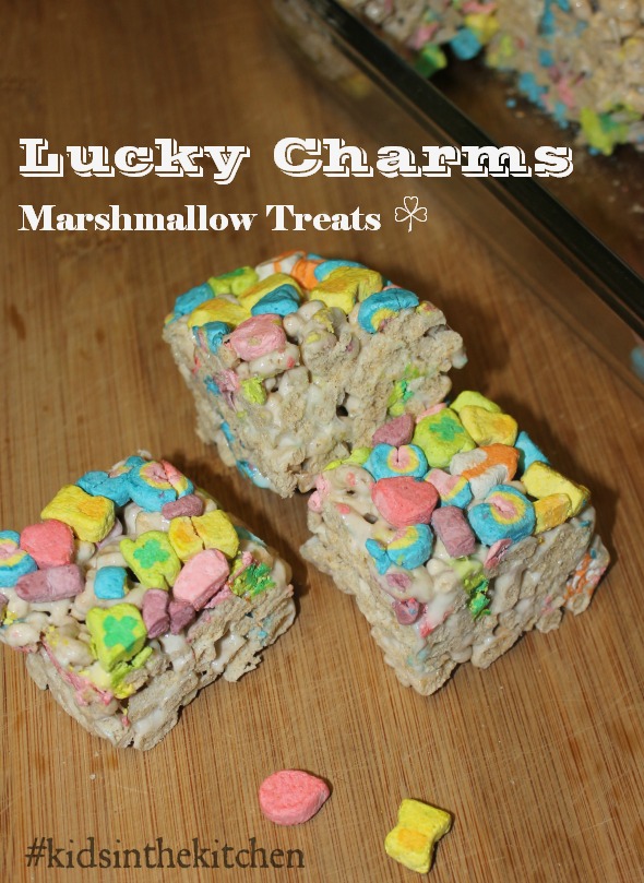 Lucky Charms Marshmallow Treats #recipe #kidsinthekitchen #cereal #sweettreats