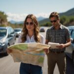 A person standing by a rental car, studying a map and road signs in a foreign country, with a confused expression