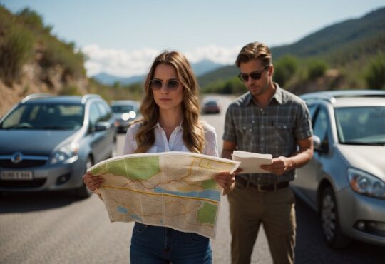 A person standing by a rental car, studying a map and road signs in a foreign country, with a confused expression