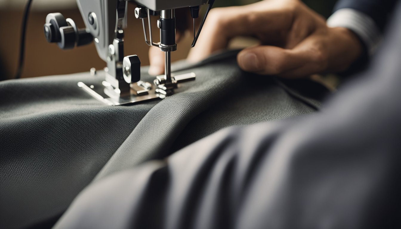 A tailor measures and cuts fabric, then sews a custom clothing tag onto a finished garment