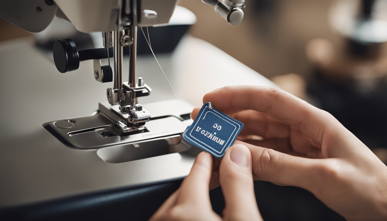 A hand holding a custom clothing tag with a sewing machine and thread in the background