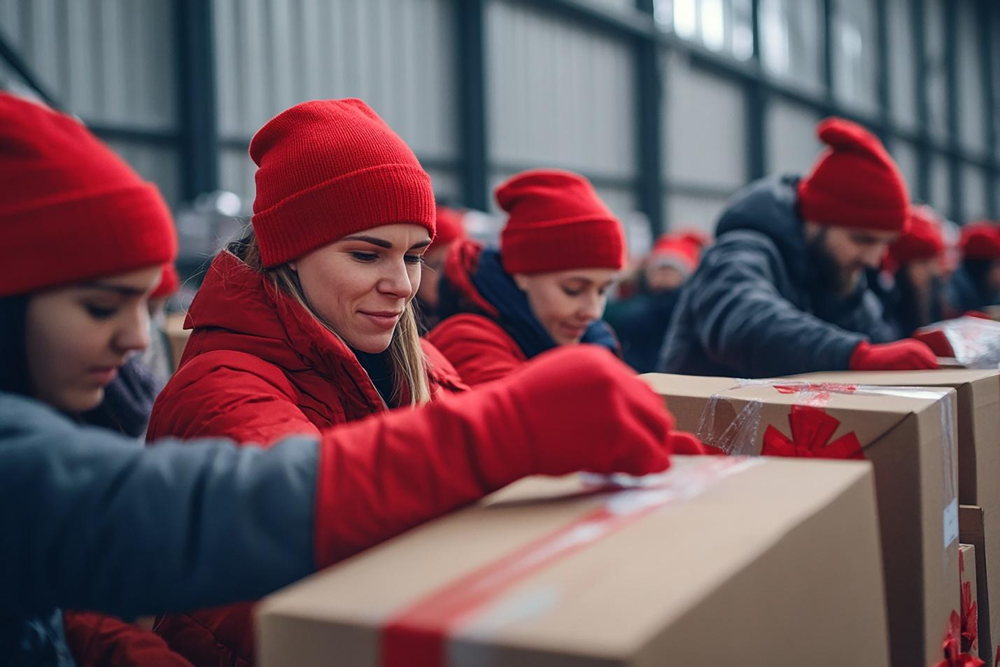 A group of people in red hats and gloves wrapping a boxAI-generated content may be incorrect.